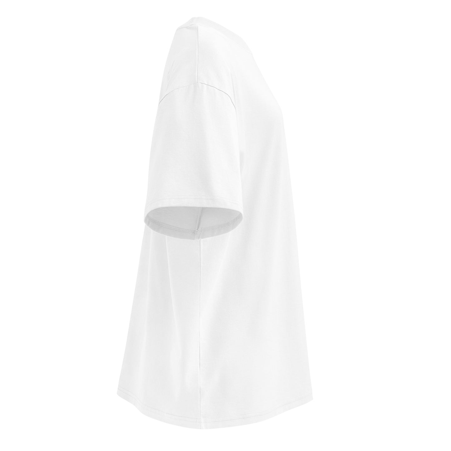 A white short-sleeve t-shirt shown from a side profile view against a solid white background.