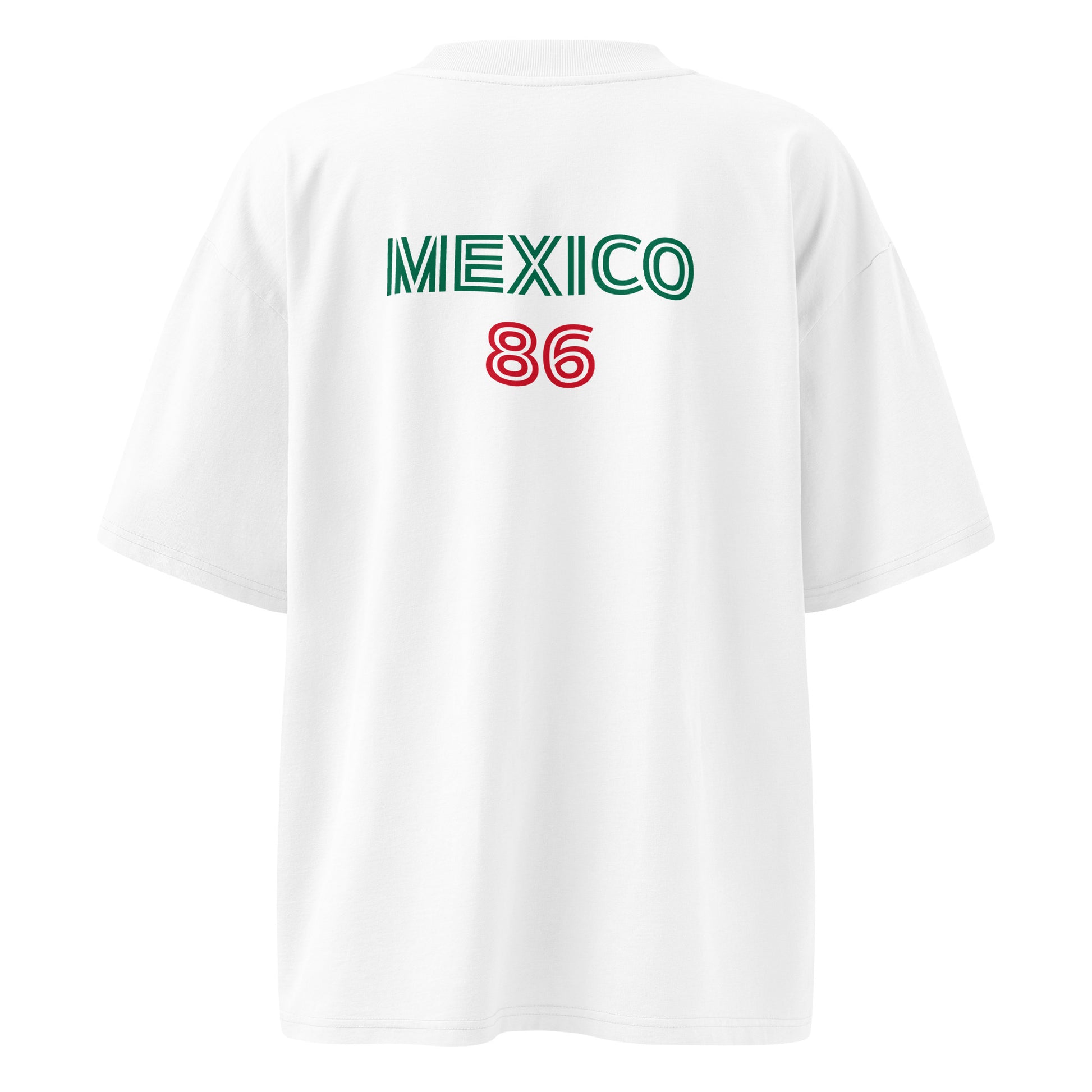 White short-sleeve t-shirt shown from the back, featuring 'MEXICO' printed in green and '86' printed in red on the upper back.