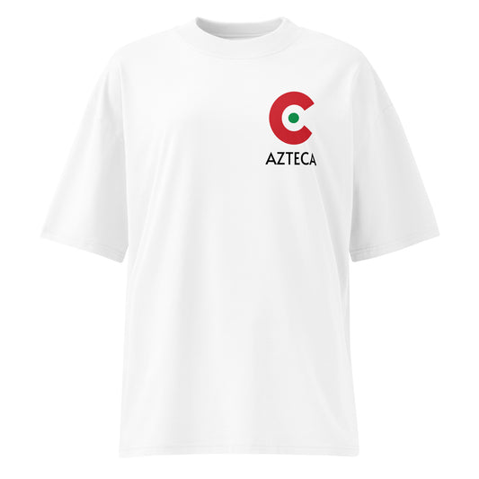 A white short-sleeve crewneck t-shirt featuring a red circular Aztec-style logo with a green and white center and the word 'AZTECA' printed in black underneath, displayed on a clean white background.