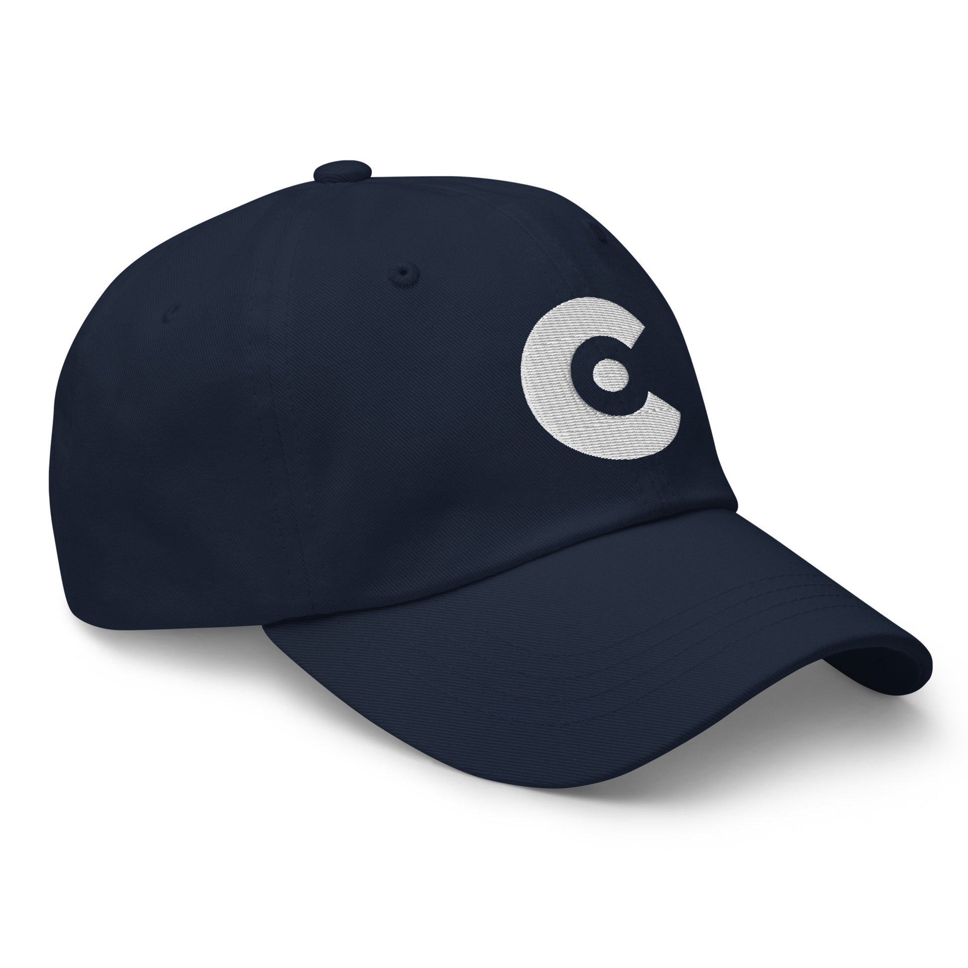 Navy blue cap with an embroidered logo on a light gray background
