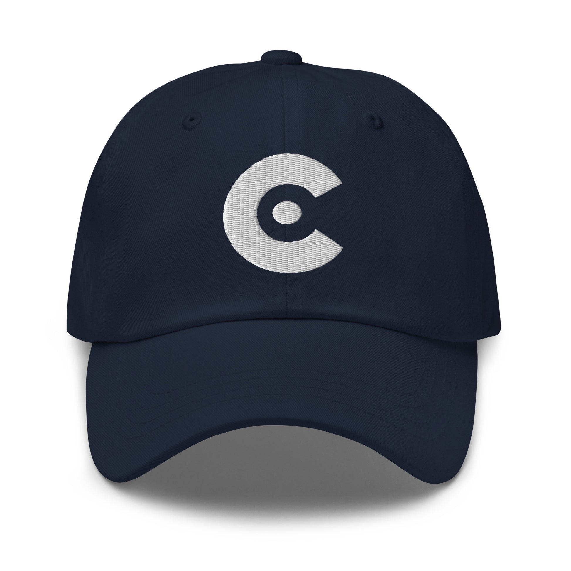 Navy cap with a cat embroidered on a white background