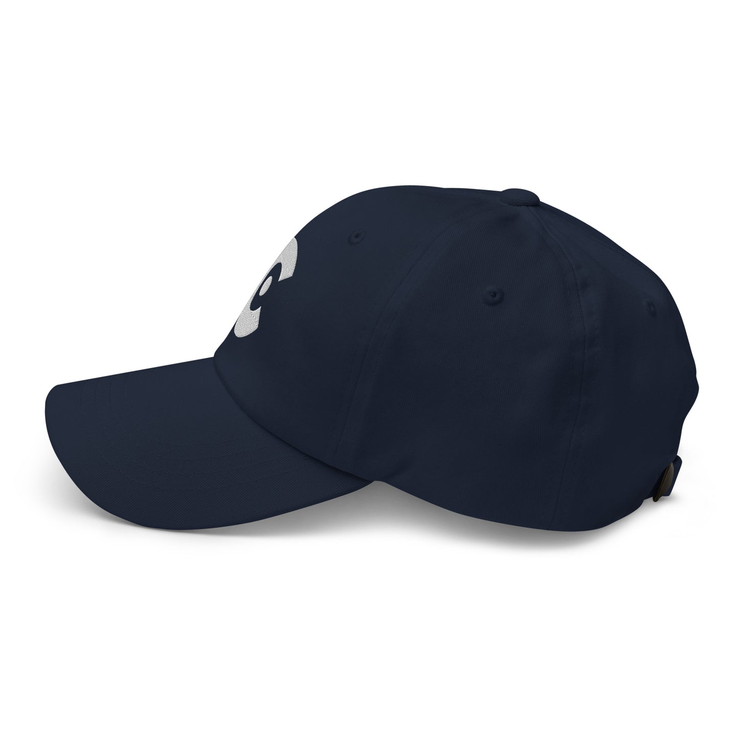 Navy blue cap with white text on a white background
