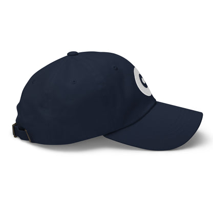 Navy cap with a white logo on a white background