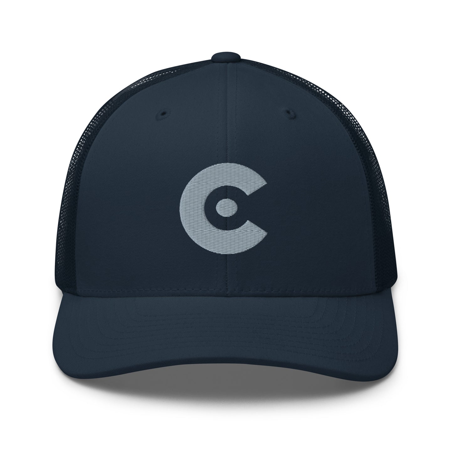 A dark navy CobbleRose blue trucker hat with a structured front panel and mesh back, featuring a light gray circular 'C' logo on the front, set against a plain white background.