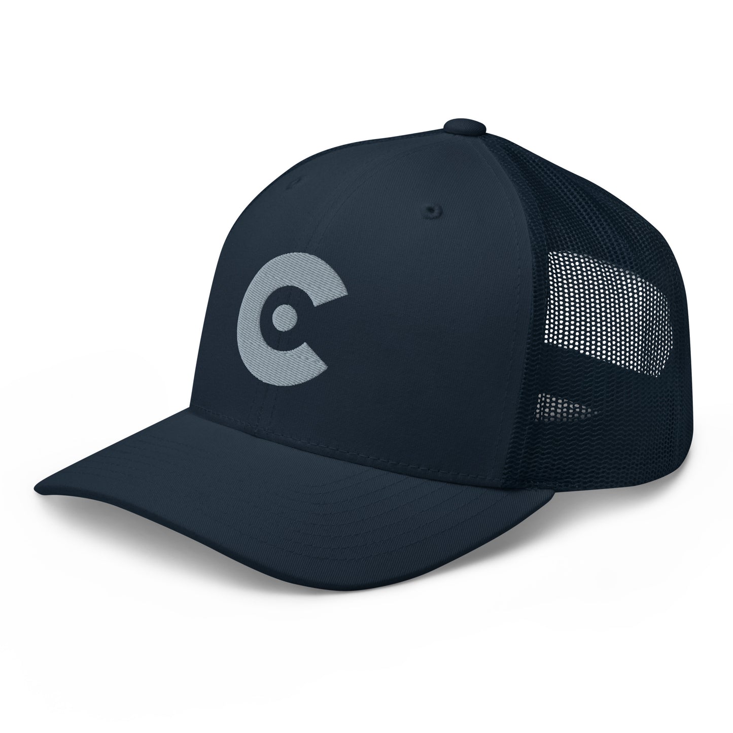 Navy cap with a logo on a white background
