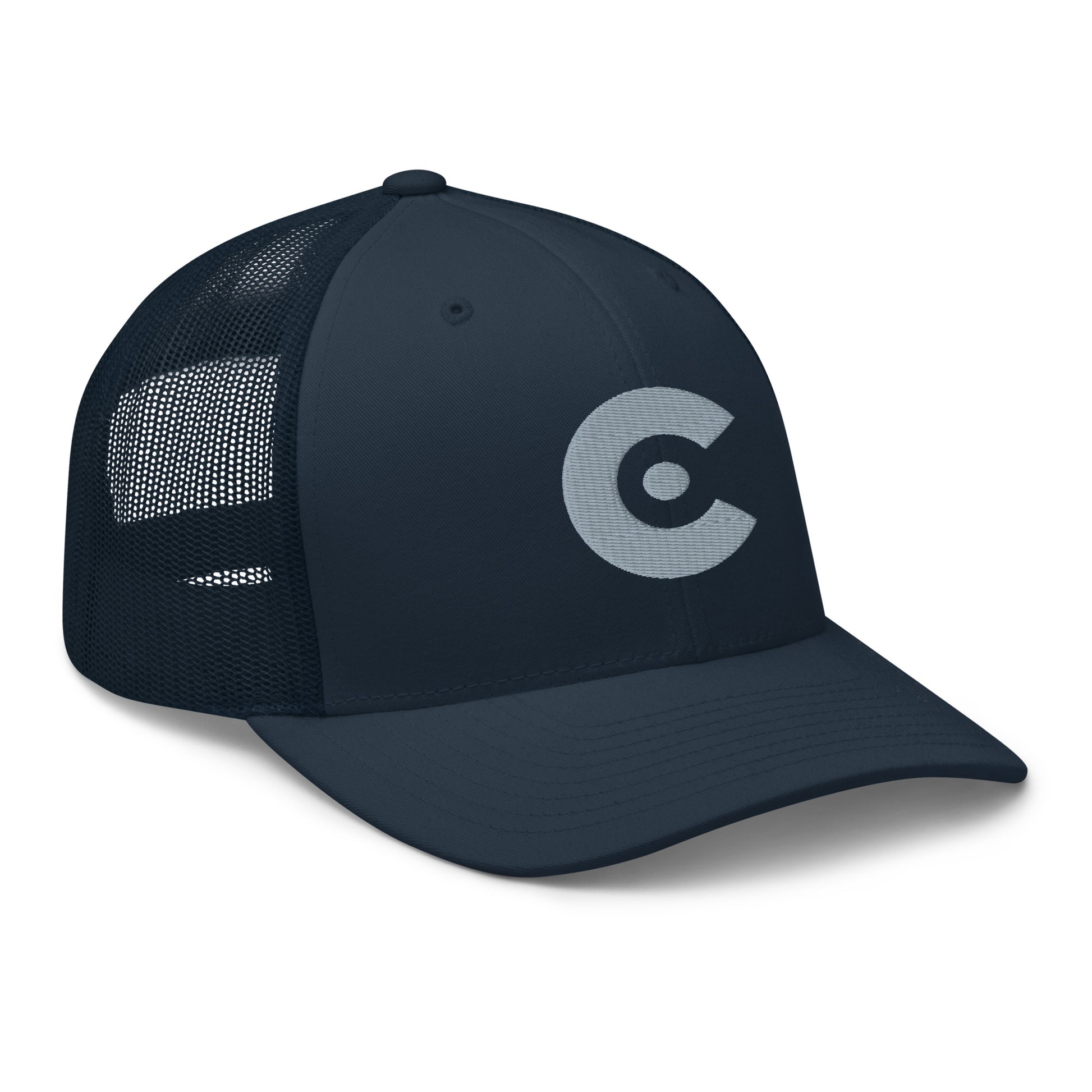 Navy blue cap with a white logo on a white background