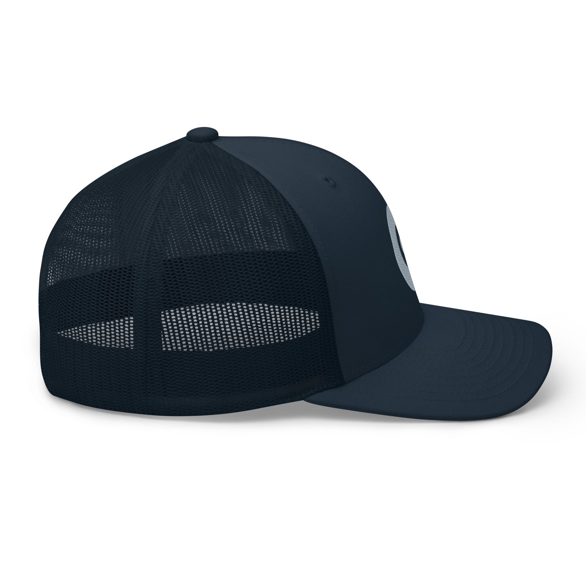 Navy blue mesh cap with a logo on a white background