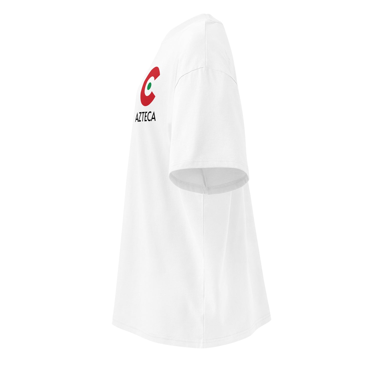 A white short-sleeve athletic t-shirt shown from a side/back angle, featuring a red and green circular logo with the word 'AZTECA' printed in black below it on the upper back.