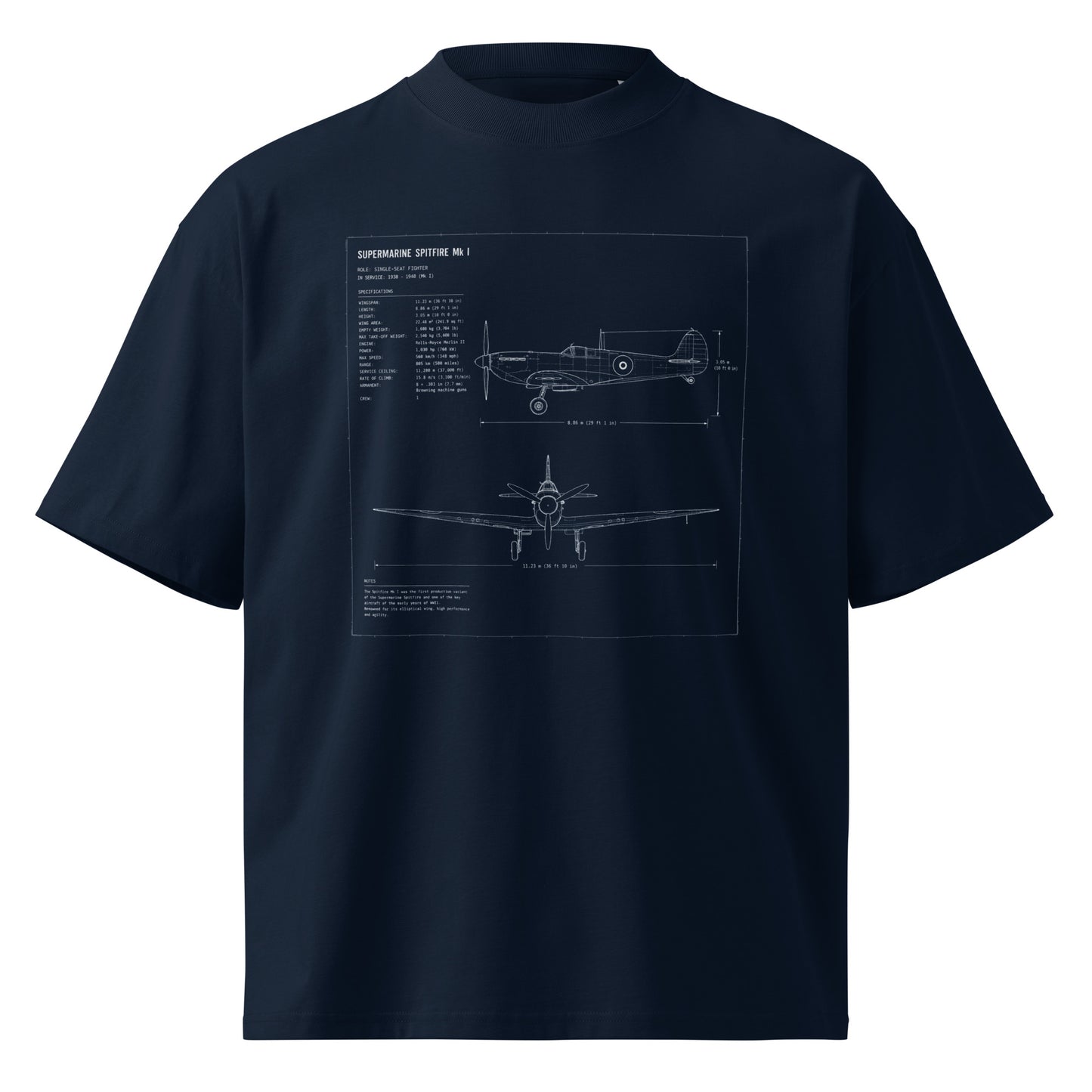 Navy t-shirt with a Mk1 Spitfire on the chest