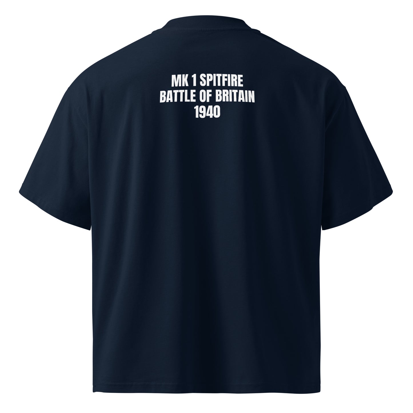 A dark navy blue short-sleeve t-shirt shown from the back, featuring the white printed text 'MK 1 SPITFIRE BATTLE OF BRITAIN 1940' on the upper back.