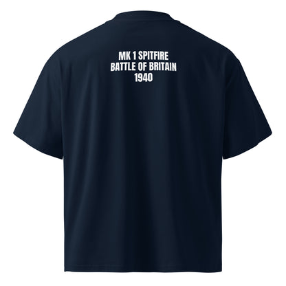 A dark navy blue short-sleeve t-shirt shown from the back, featuring the white printed text 'MK 1 SPITFIRE BATTLE OF BRITAIN 1940' on the upper back.