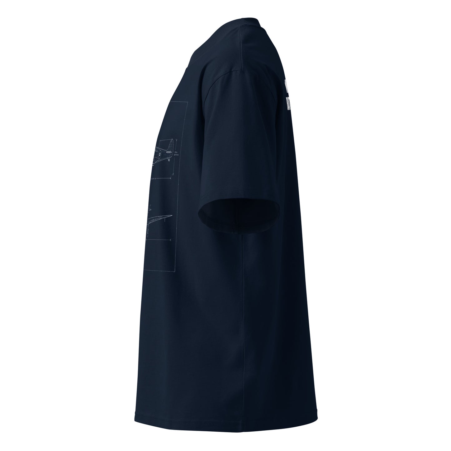 A dark navy blue short-sleeve t-shirt shown from a side profile view against a plain white background.