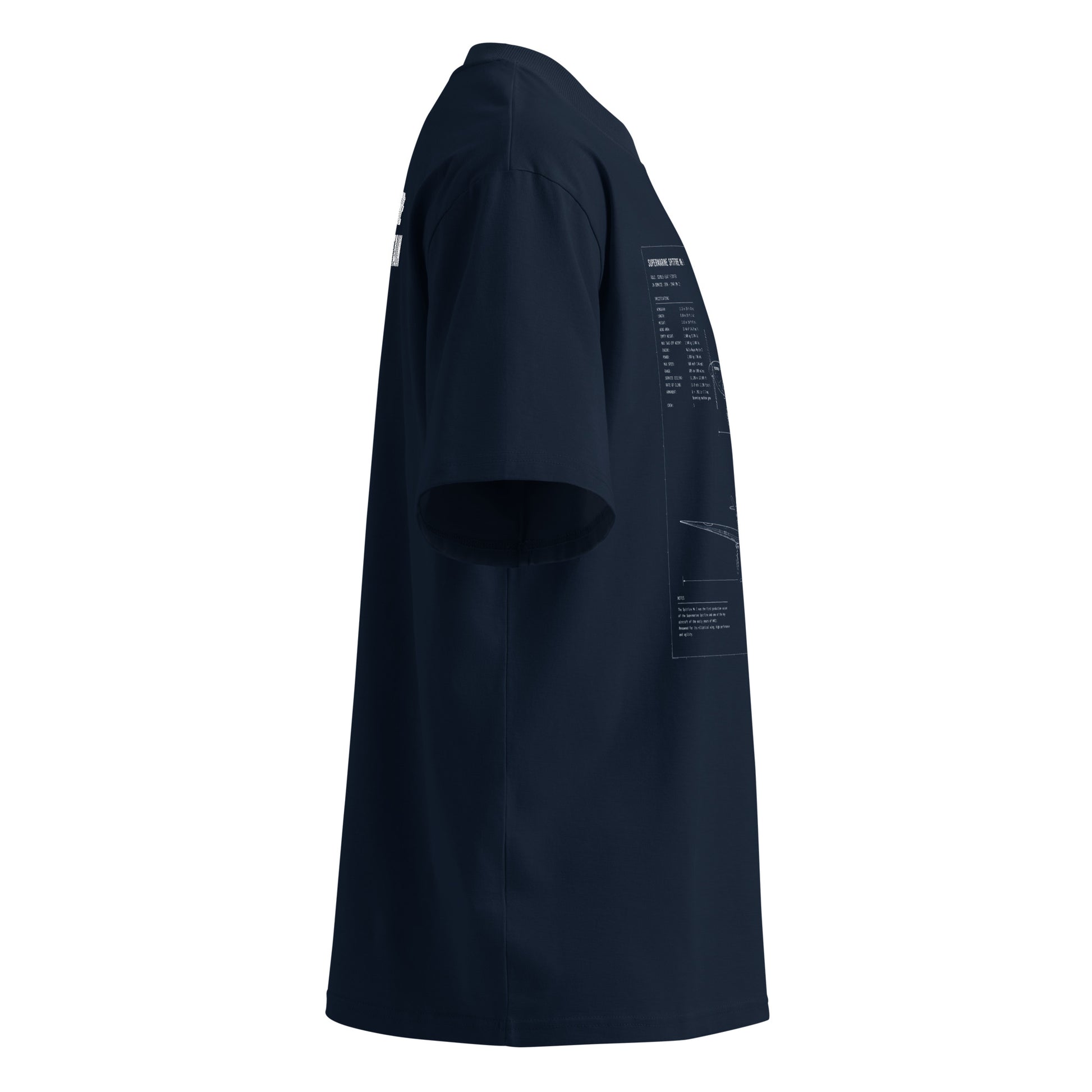Black t-shirt with a small white logo on the sleeve against a white background
