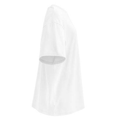 A white short-sleeve t-shirt shown from a side profile view against a solid white background.