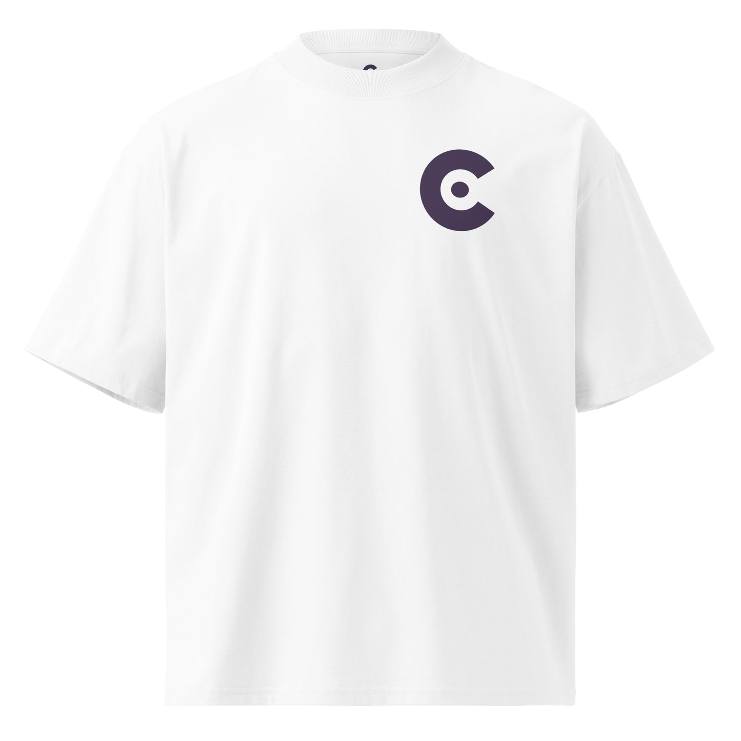 A white short-sleeve crewneck t-shirt featuring a dark purple stylized 'C' CobbleRose logo on the left chest, displayed on a clean white background.