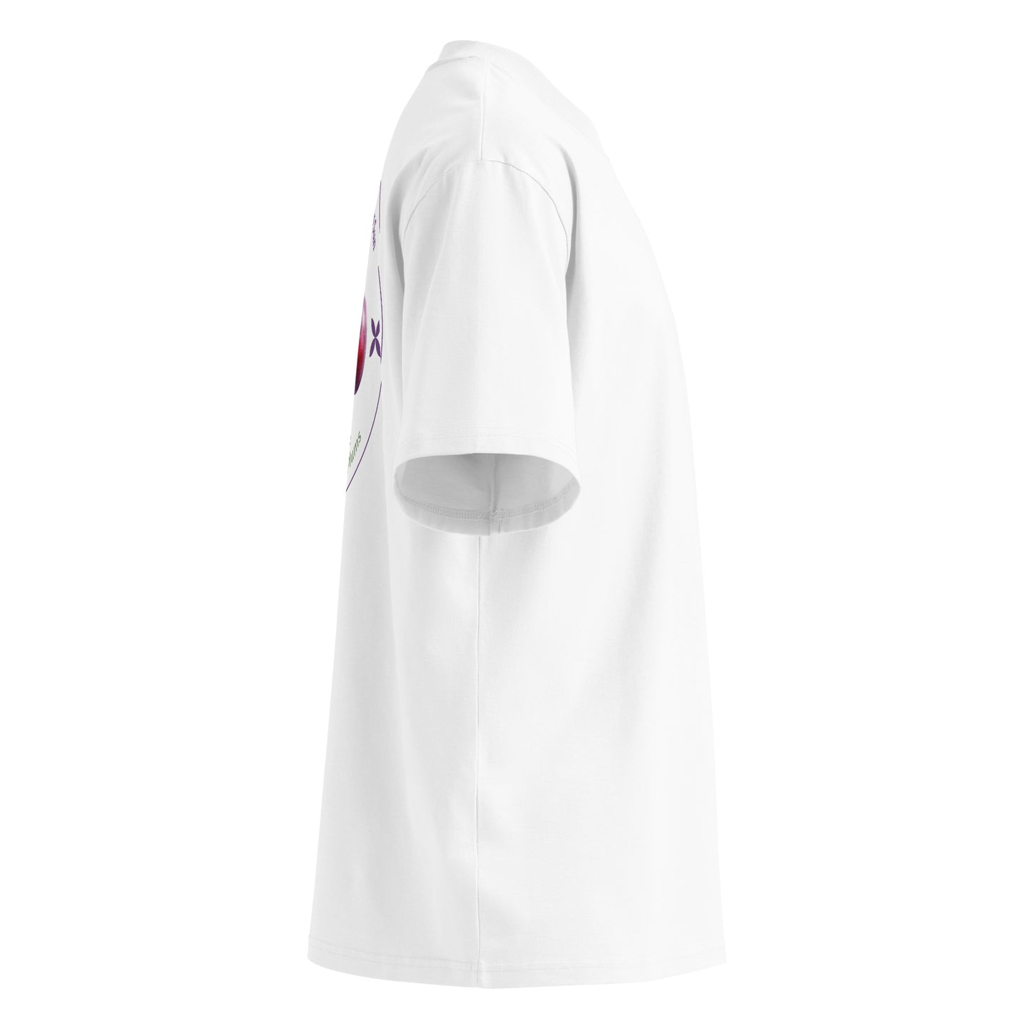 White t-shirt with a small graphic on the chest against a white background