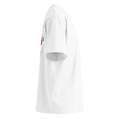 White t-shirt with a small graphic on the chest against a white background
