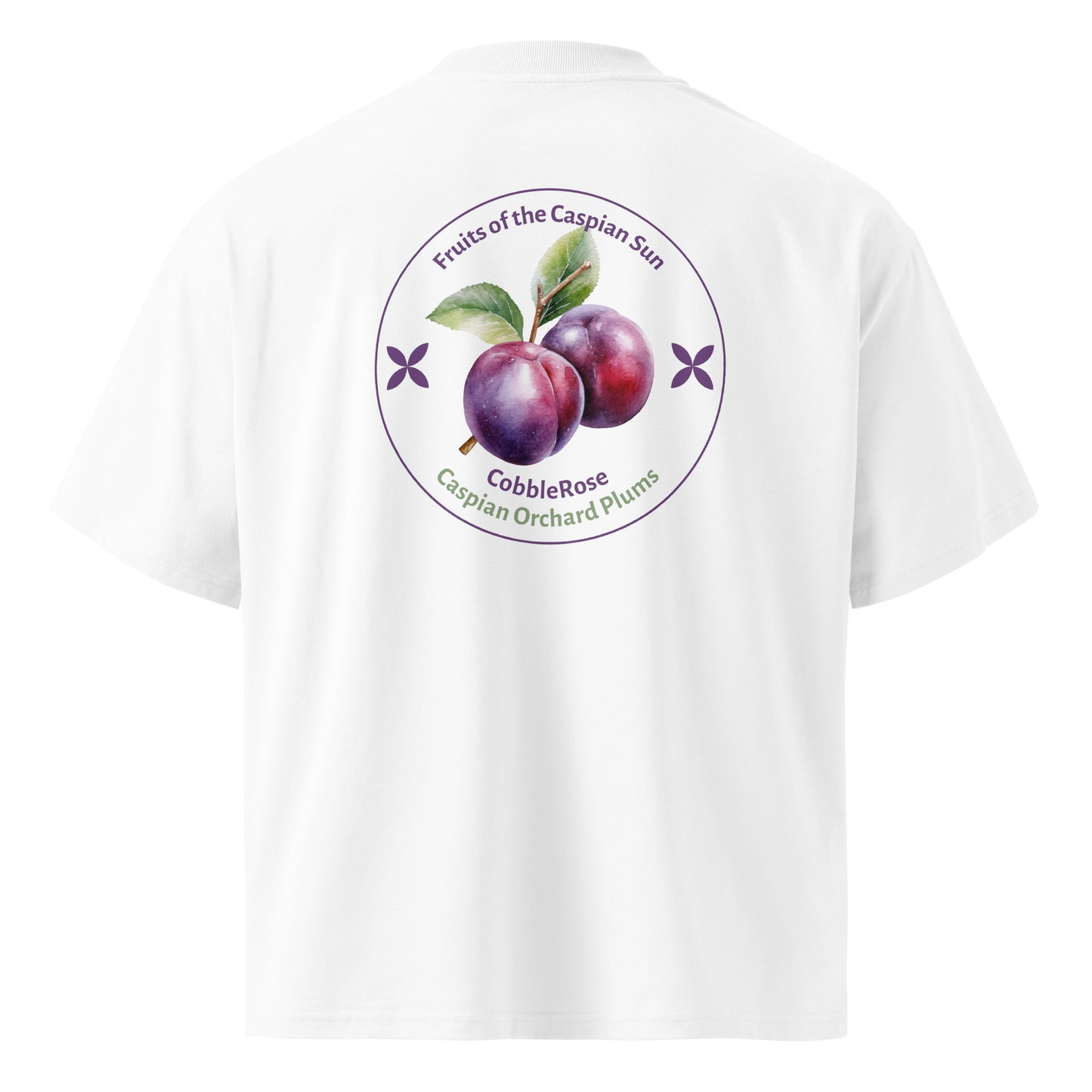 White short-sleeve t-shirt shown from the back, featuring a large circular graphic print of two purple plums with green leaves and the text 'Fruits of the Caspian Sun' and 'CobbleRose Caspian Orchard Plums'.