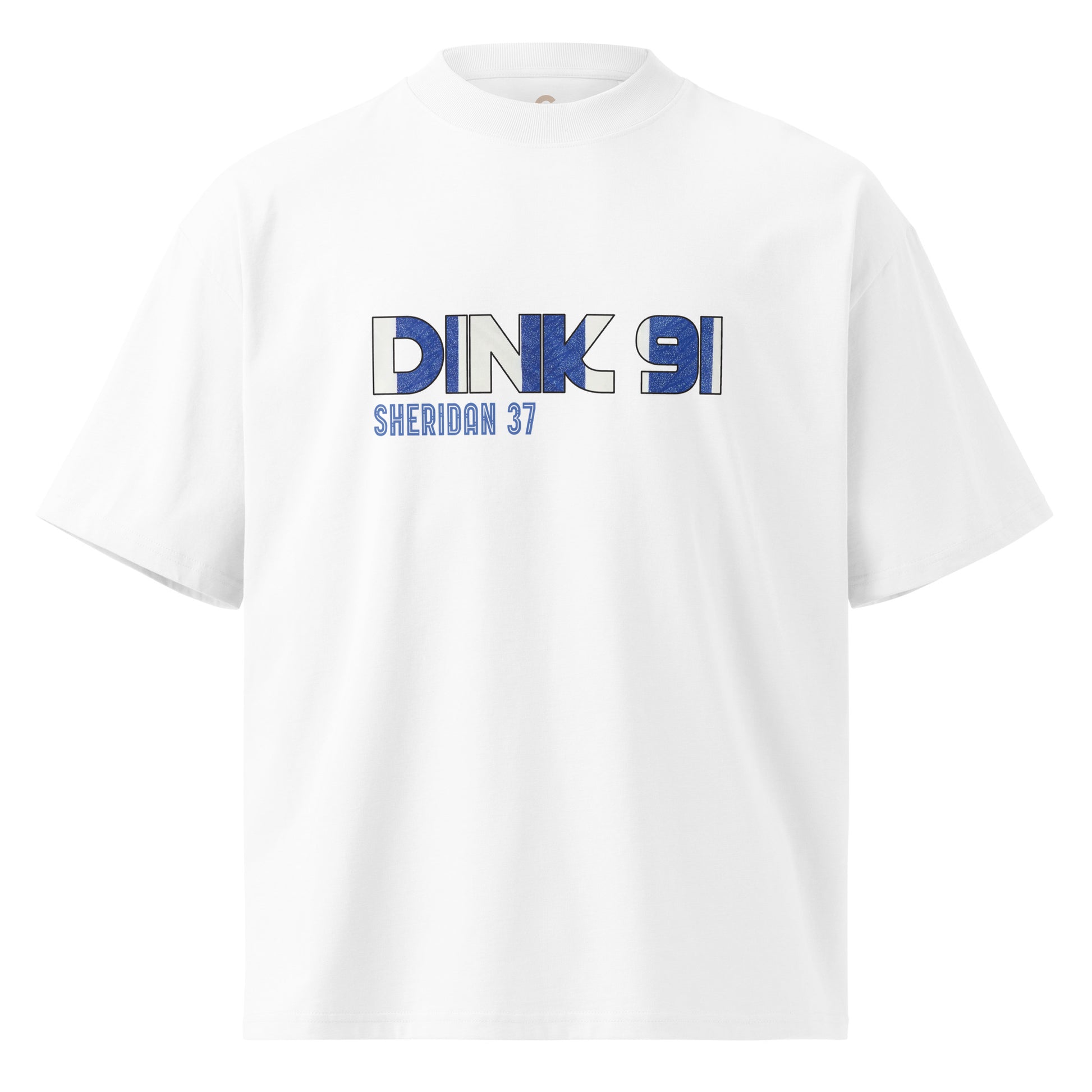 A white short-sleeve crewneck t-shirt featuring a blue and gray graphic print on the chest that reads 'DINK 91' and 'SHERIDAN 37'. Sheffield Wednesday