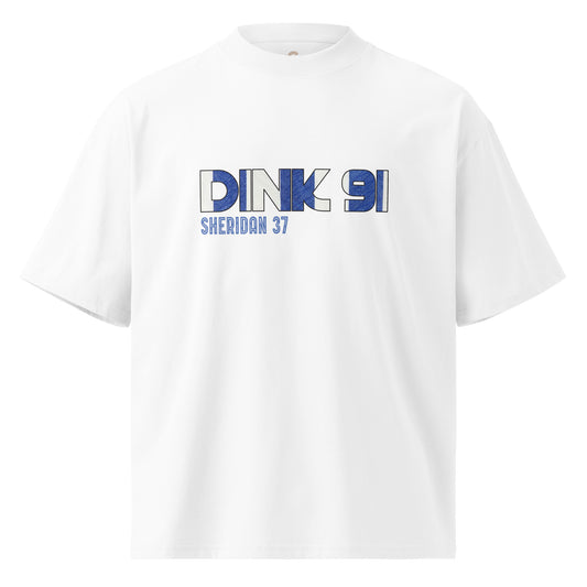 A white short-sleeve crewneck t-shirt featuring a blue and gray graphic print on the chest that reads 'DINK 91' and 'SHERIDAN 37'. Sheffield Wednesday