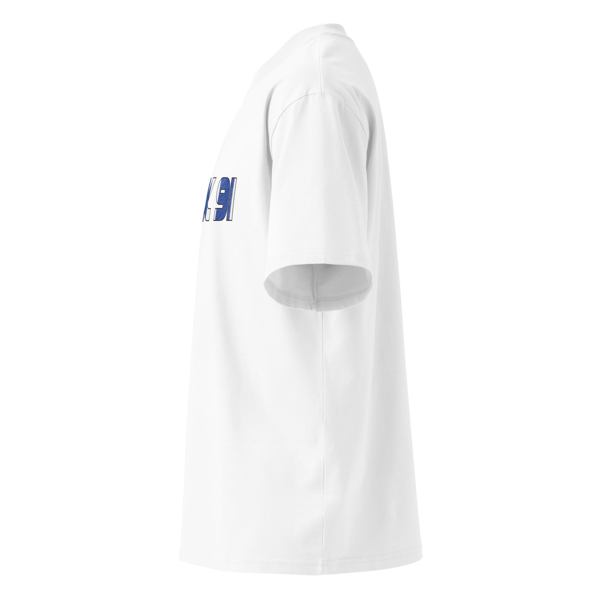 White t-shirt with a blue logo on the sleeve against a white background