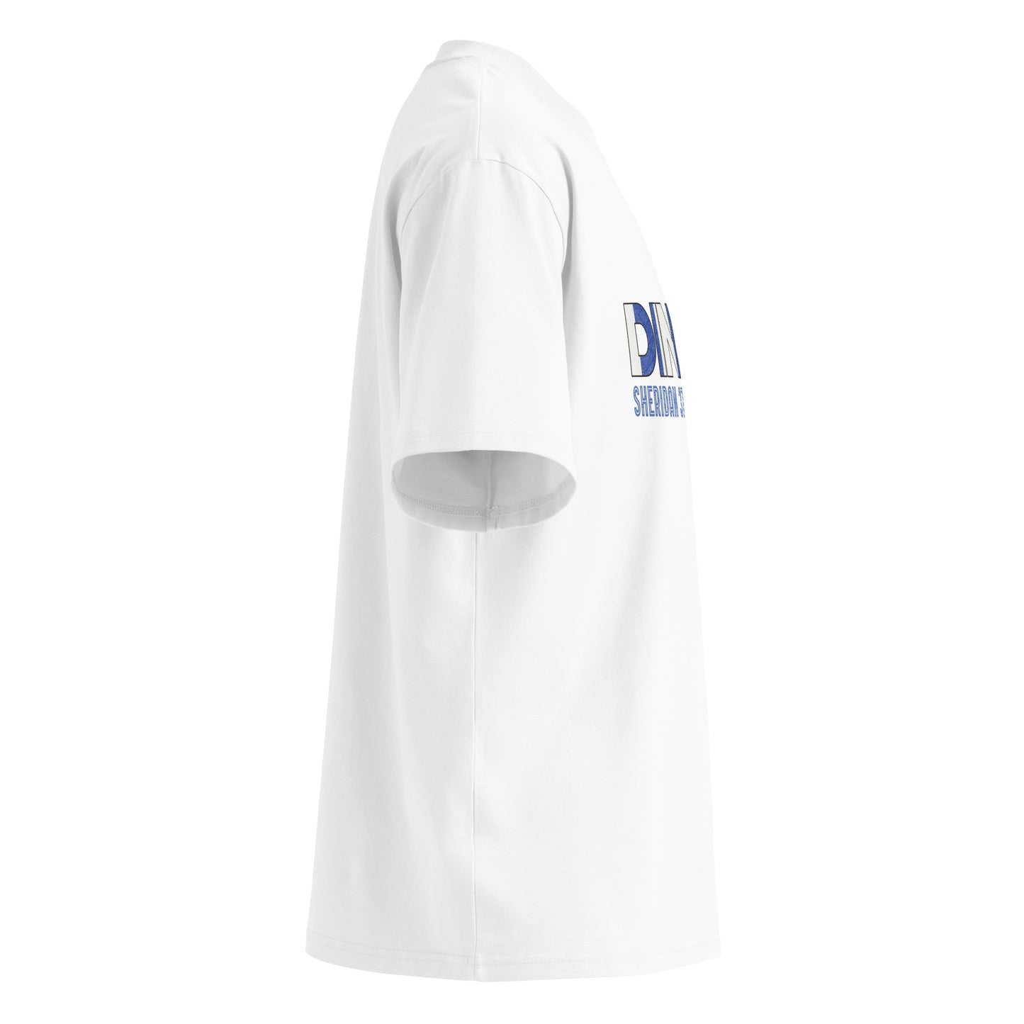 A white short-sleeve t-shirt shown from a side profile view, featuring a blue and gray graphic print on the upper left chest that reads 'Dink 91' Sheffield Wednesdasy